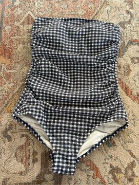 J. Crew Navy and White Gingham Strapless Swimsuit